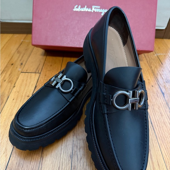 Salvatore Ferragamo Black Leather Loafers with Silver Buckle